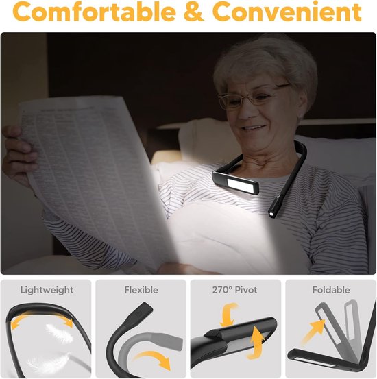Leeslamp om de nek - oplaadbare leeslamp naast het bed, flexibele 3-kleurige LED-leeslamp, geschikt voor lezen, breien, naaien, kamperen, repareren, enz., een geweldig cadeau voor mannelijke en vrouwelijke lezers en tieners. — afbeelding 2