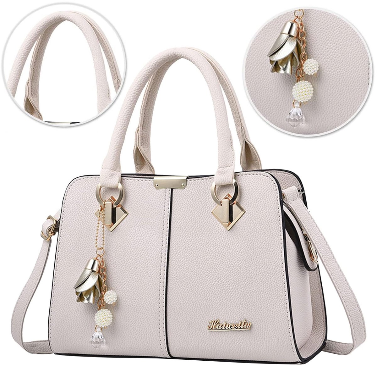 Wishdor Elegante Dames Handtas met Tasbedel - Crossbodytas & Schoudertas - Vegan Leer (PU) - Wit