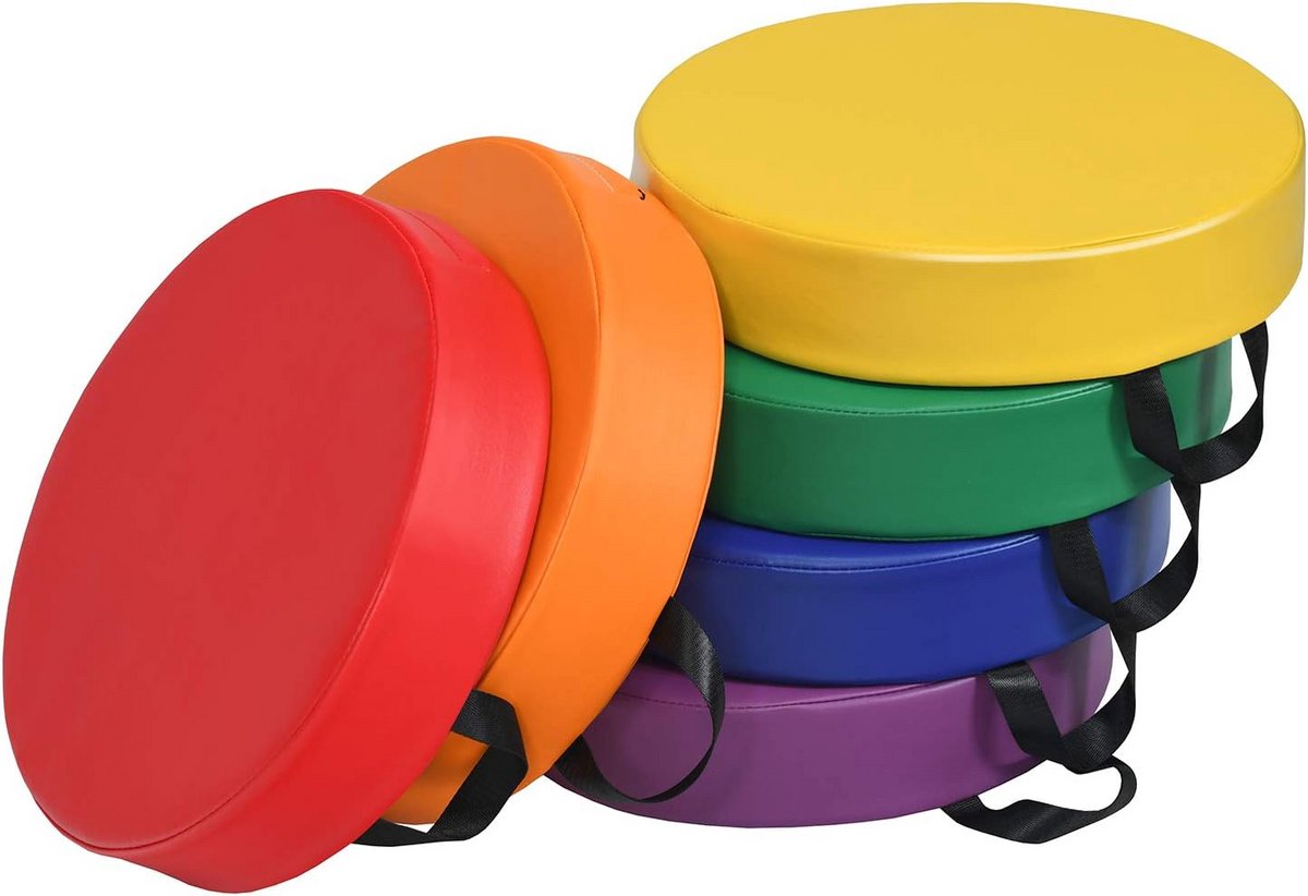 Set van 6 Kinder Zitkussens - Ronde Vloerkussens met Handvat - Makkelijk Stapelbaar