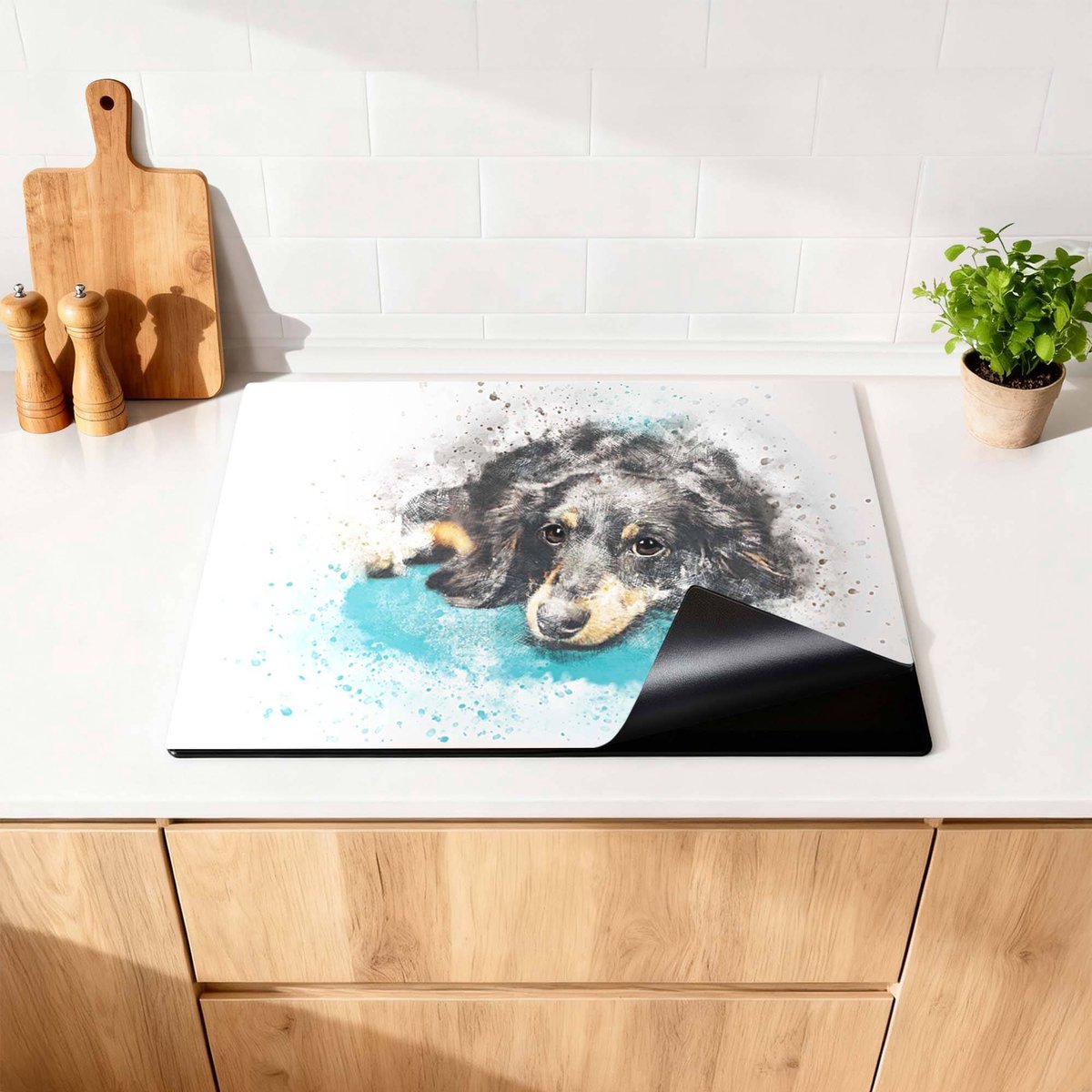KitchenArt - Dreamy Dachshund - Inductie Beschermer - 65x52 cm - Kookplaat Beschermer - Luxe Afdekplaat Inductieplaat - Anti-slip & Oprolbaar - Beschermmat Inductiekookplaat