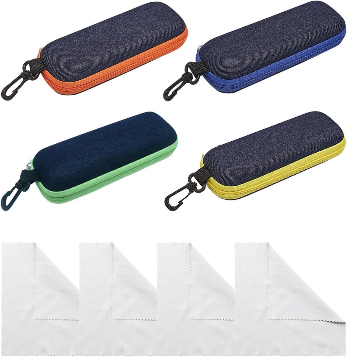 Stunq® Brillenkoker met 4 schoonmaakdoekjes, brillenkoker, brillenkoker, harde hoes voor studenten, dames, heren (blauw, groen, oranje, geel), blauw, groen, oranje, geel, één maat