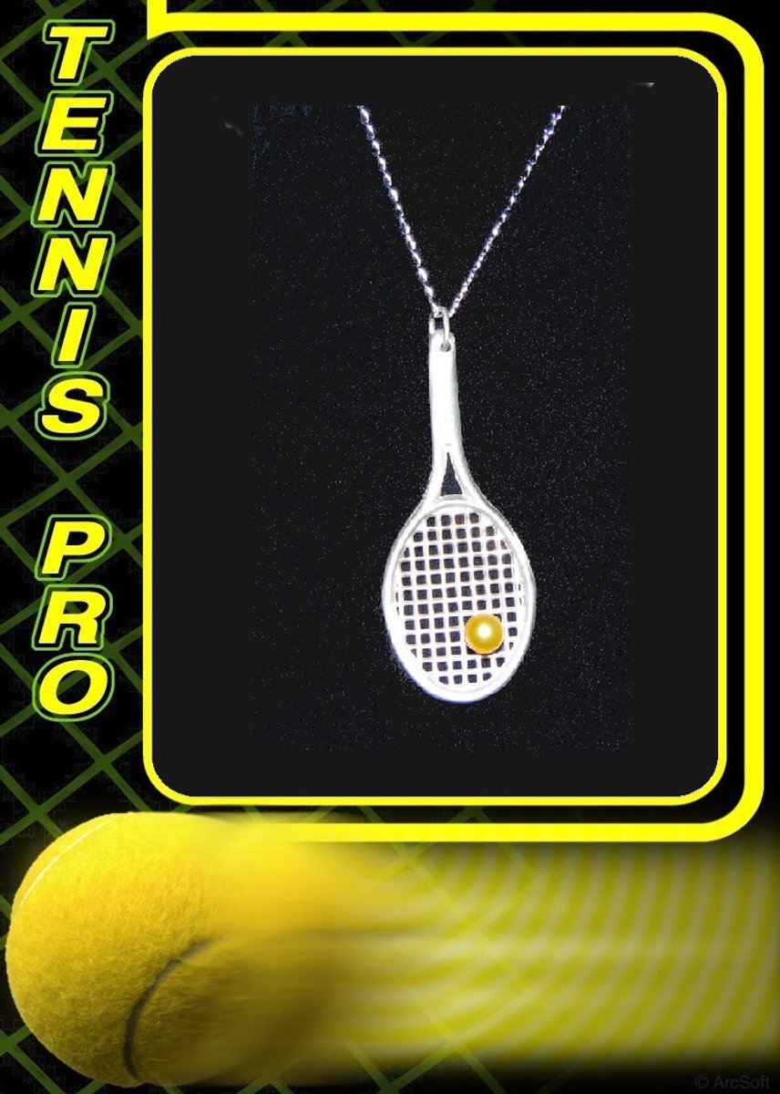Hetty'S - Groot tennisracket – gematteerd echt zilver – 57 x 23 mm – inclusief 925 zilveren collier van 60 cm – met gouden parel