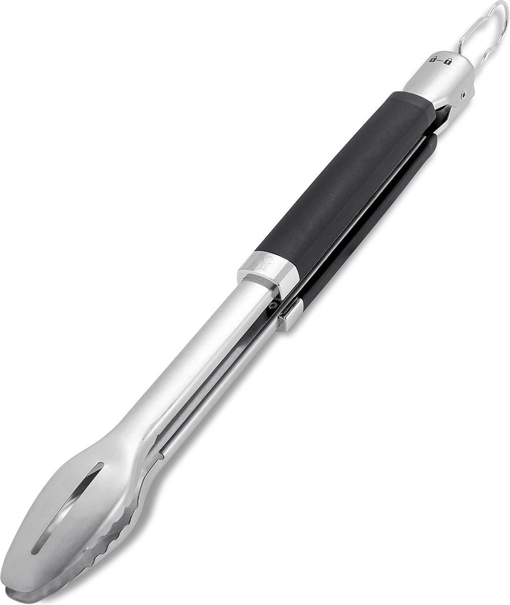 Stunq® Premium barbecuetang (46 cm), van roestvrij staal, met comfortabele handgreep en praktisch sluitsysteem, vaatwasmachinebestendig voor eenvoudige reiniging, met lus om op te hangen, zwart/zilver