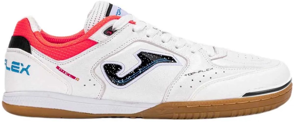 Witte JOMA Top Flex zaalvoetbalschoenen EU 43 met flexibele zool en opvallende details in rood en zwart.