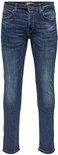 Een donkerblauwe skinny jeans met lichte wassing, recht van voren gezien.