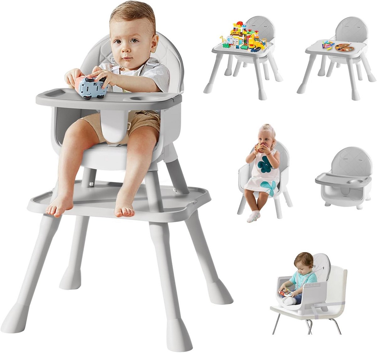 Multifunctionele Kinderstoel 6-in-1: Verstelbare Stofzuiger, Leertafel en Stoel voor Baby en Peuter (Grijs)