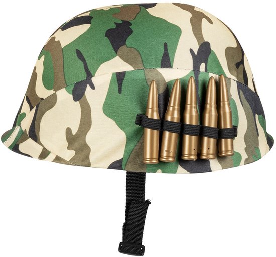 Camouflage helm met aan de zijkant een band met vier gouden nep munitiekogels.