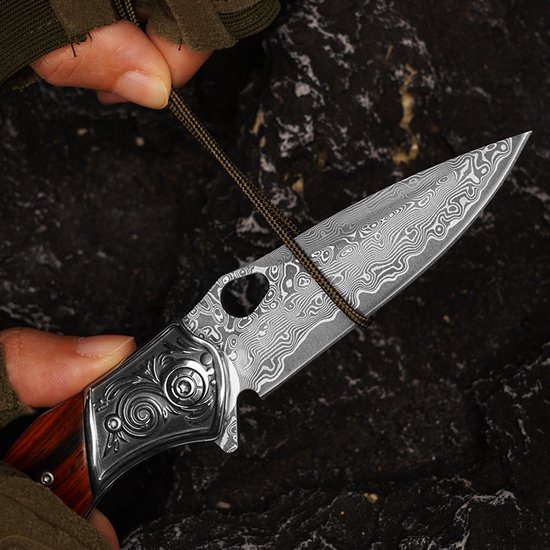Couteau de poche Damas avec housse en cuir - Acier Damas - Survie - Couteau Plein air - Couteau de poche - Couteaux de poche - Couteaux de poche - Manche en bois - Robuste - Couteau de camping - Couteau de chasse - Camping - 18cm - Astuce cadeau