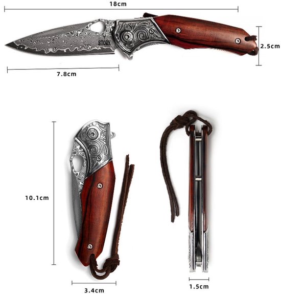 Couteau de poche Damas avec housse en cuir - Acier Damas - Survie - Couteau Plein air - Couteau de poche - Couteaux de poche - Couteaux de poche - Manche en bois - Robuste - Couteau de camping - Couteau de chasse - Camping - 18cm - Astuce cadeau