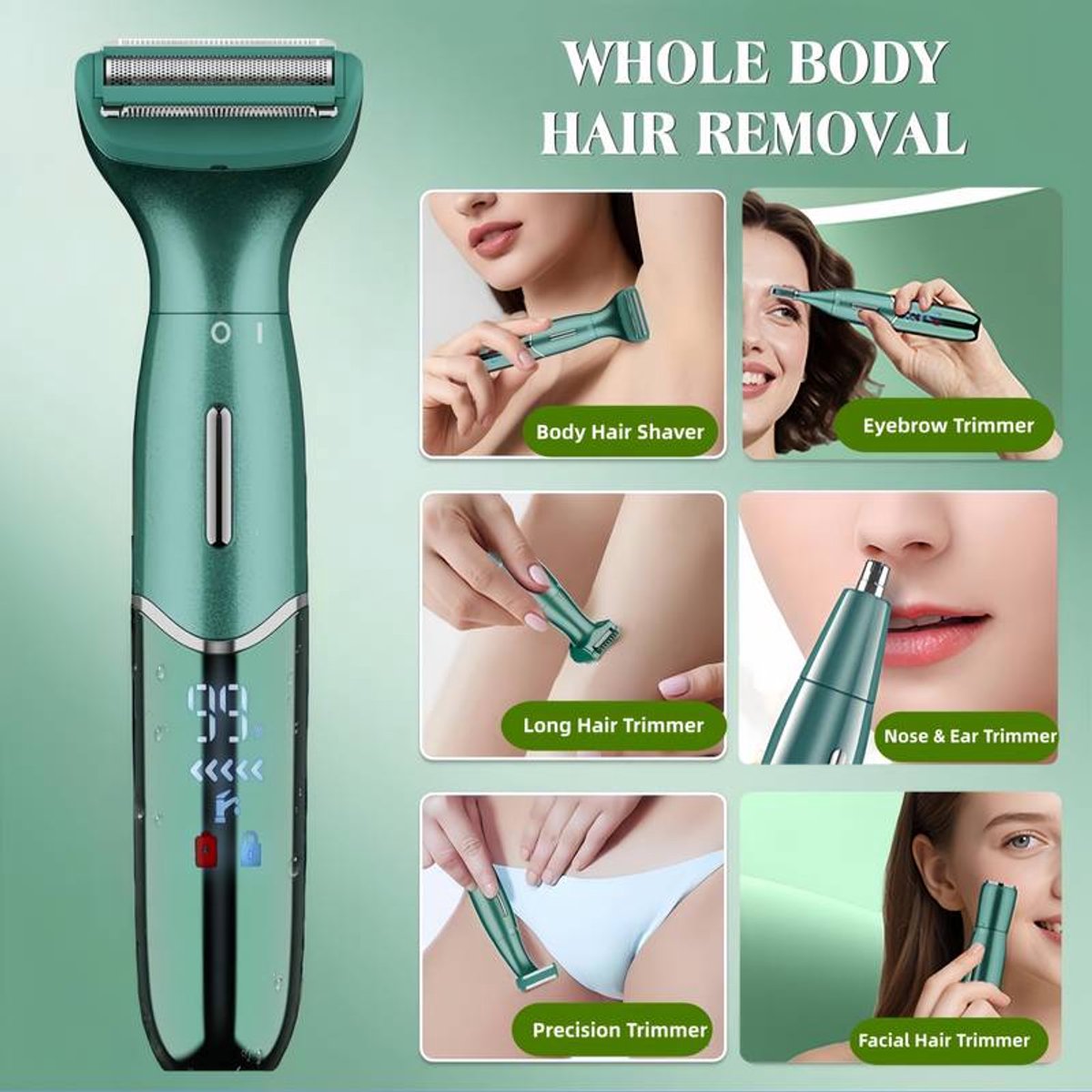 6-in-1 Elektrisch Scheerapparaat Pijnloos voor Vrouwen Groen - afbeelding 2
