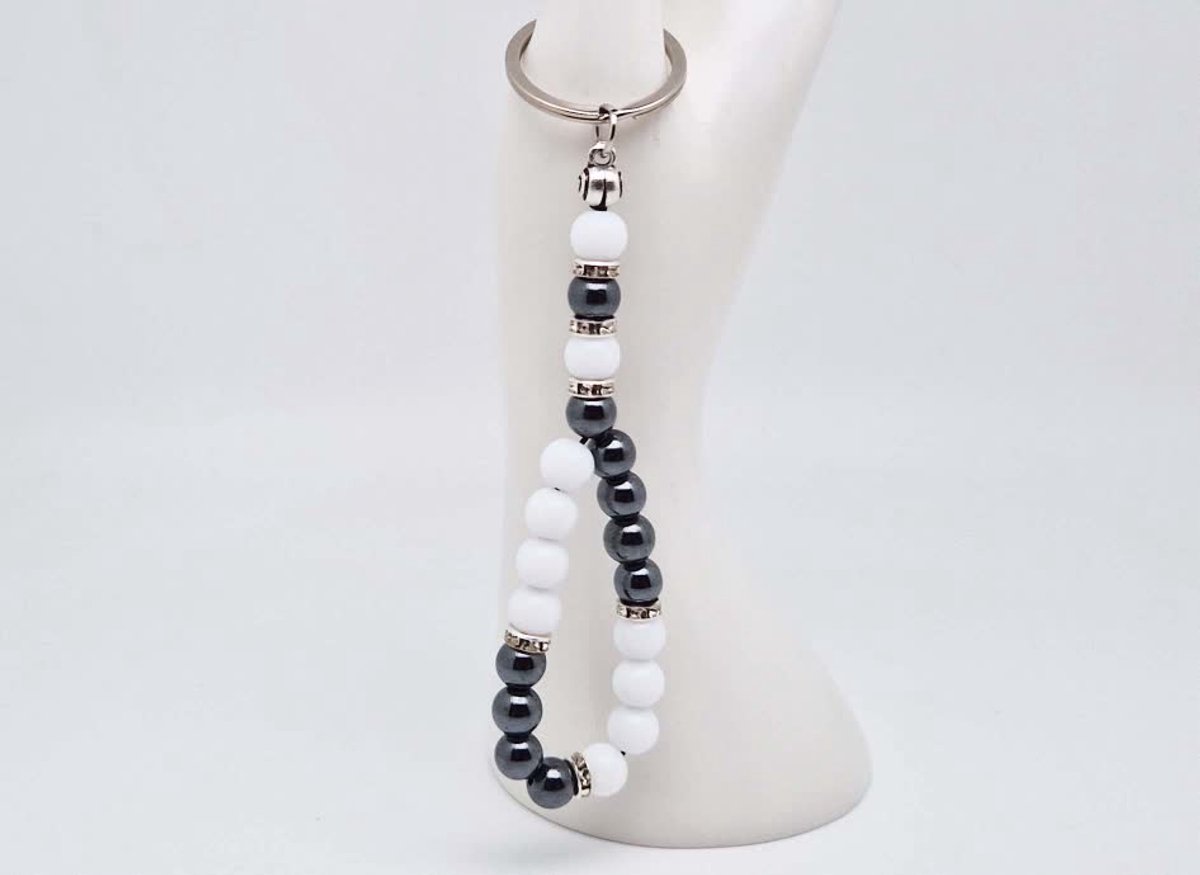 Handgemaakte Tasbih sleutelhanger van natuursteen "Witte Agaat-Hematiet" en metaal - diameter kralen 8mm - Aantal stenen 20 - Een mooi cadeau-idee en een bijzonder aandenken