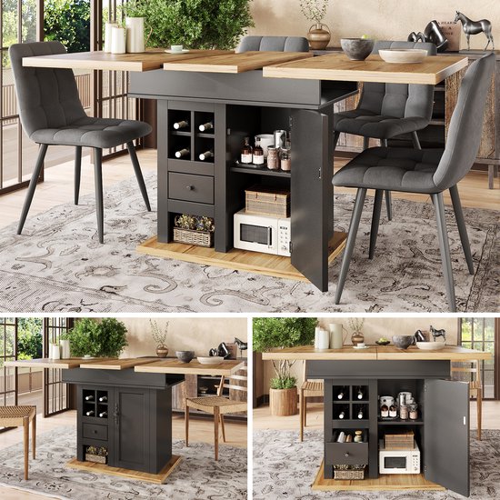 Verlengbare eettafel in donkergrijs met houten tafelblad. Met wijnrek, lade, opbergvakken en een open vak voor magnetron.