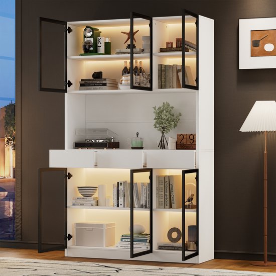 BLACKCOLORS Vitrine en verre Porte 200 cm de haut Vitrine blanche avec éclairage LED, bibliothèque de rangement multi-usage pour collection chambre à coucher salon bureau, blanc - Cadre de porte noir