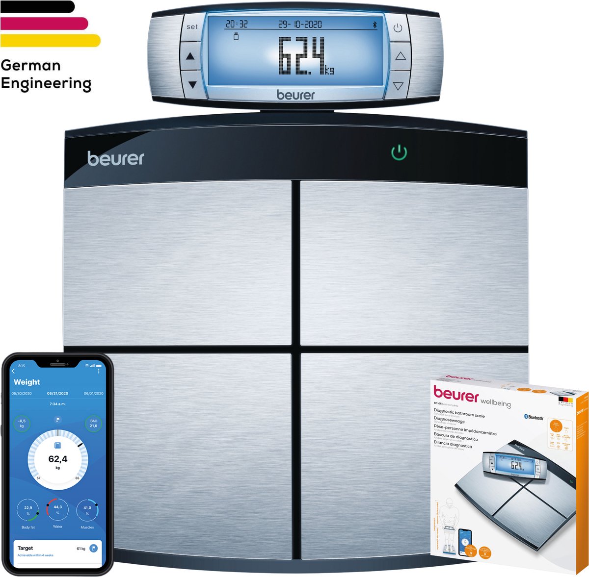 Beurer BF105 - Personenweegschaal lichaamsanalyse - Bluetooth - 180kg - RVS