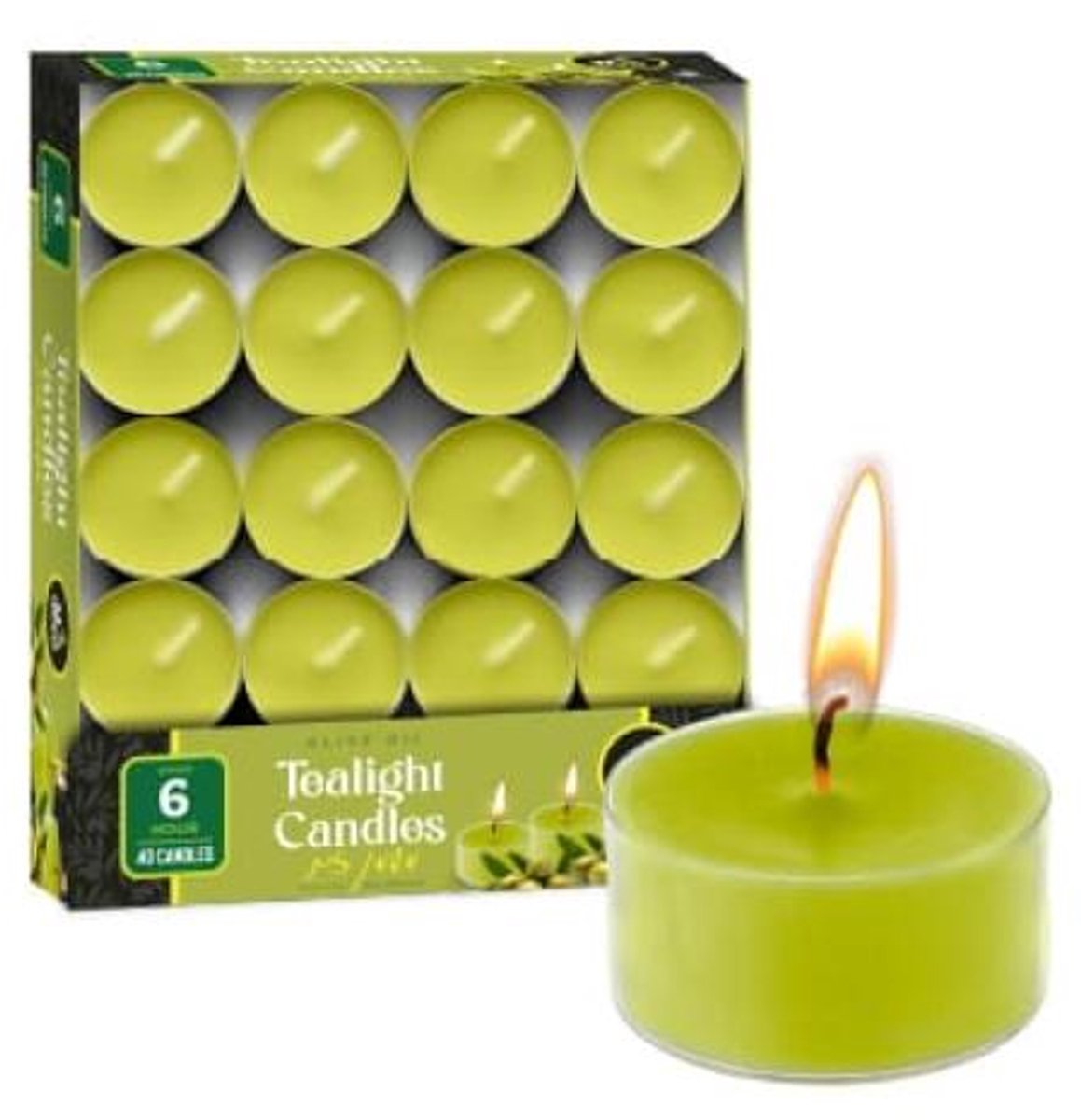 Olive Oil TeaLight Candles in Clear Cups 6 Hour Burntime 40 Pack