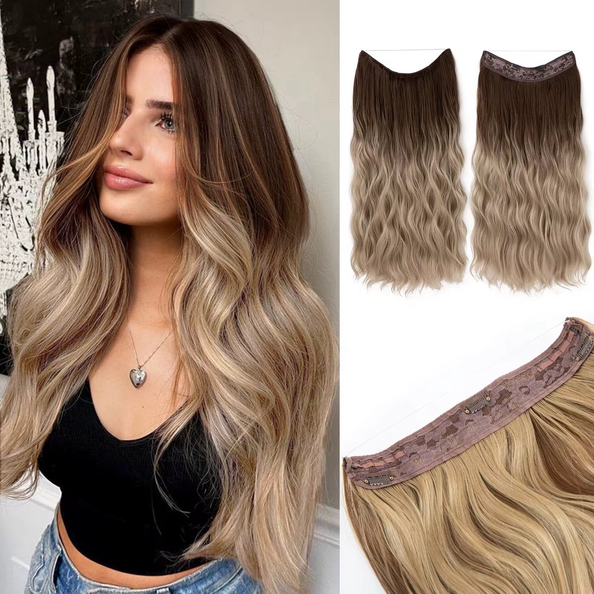 Onzichtbare draadhaar extensies - one piece clip in hair extension, brown to Ash blonde- 50CM