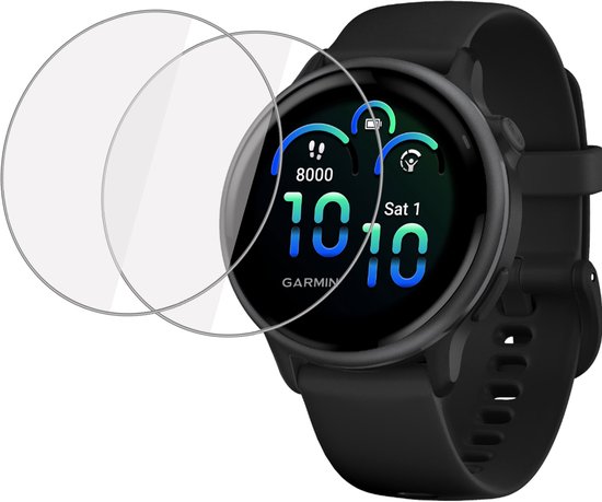 Deux protecteurs d'écran sur une montre connectée Garmin noire avec cadran couleur. Texte : 8000 et 10:10.