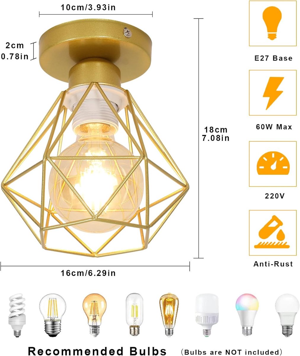 Plafonnier Industriel Vintage E27 Lustre Luminaire Métal Cage Suspension Rétro éclairage Plafond en Fer Noir pour Salon Cuisine Chambre Bar Or 2PC