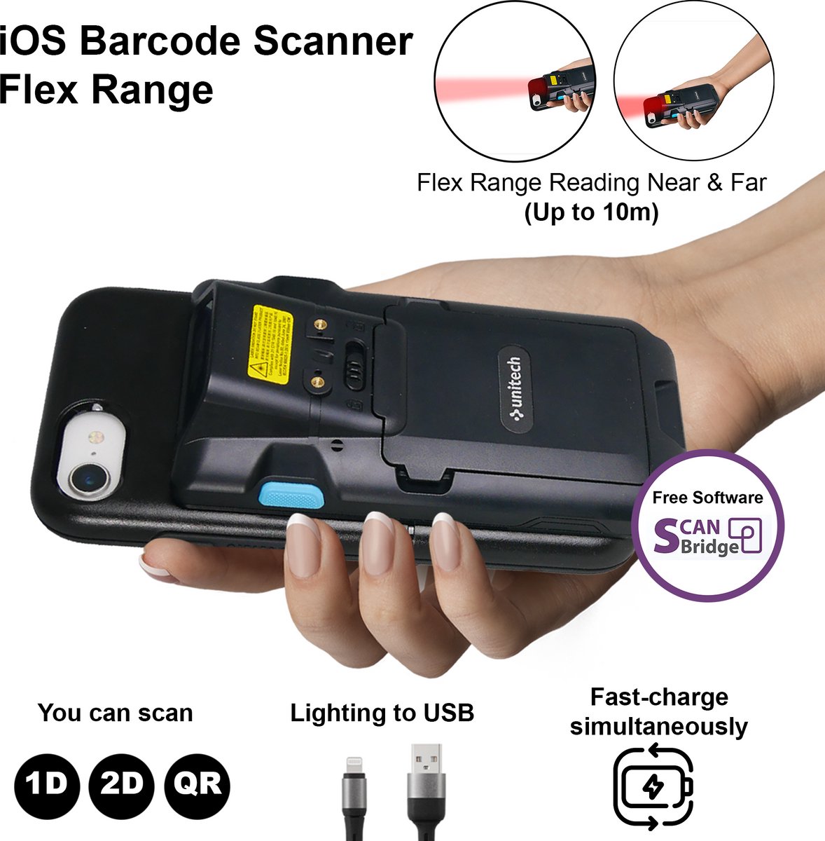 Unitech SL220 Flex – 1D/2D & QR Barcode Scanner for iPhone/iPad with Lightning Connector, Flex Range Reading Near & Far, Easy Slide-On/Off Design, Fast Charging for Scanner & Device via USB-C, Ideal for Retail, Warehouse, Inventory and Logistics
