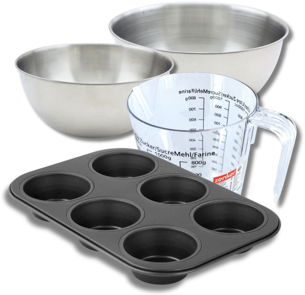 Bakkersset met muffinvorm 6 holtes 28 cm, 2 mengkommen, maatbeker en spatel Zenker