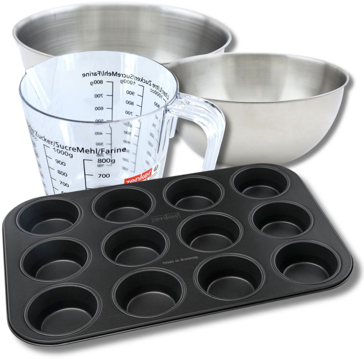 Bakkersset met muffinvorm 12 holtes 38 x 26 cm, 2 mengkommen, maatbeker en spatel Zenker