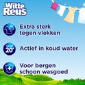 Logo Witte Reus met wasgoed aan een lijn, en tekst: Extra sterk tegen vlekken, Actief in koud water, Voor bergen schoon wasgoed.