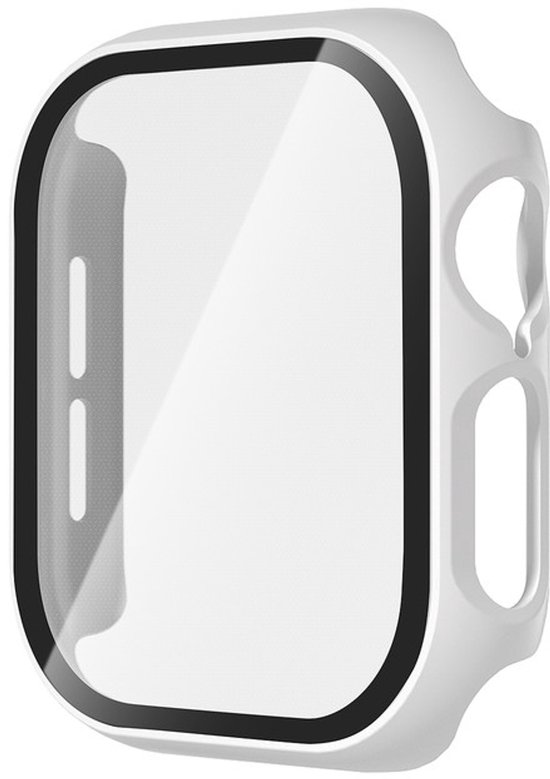 Coque de protection d'écran blanche avec verre trempé et bordure noire pour Apple Watch.