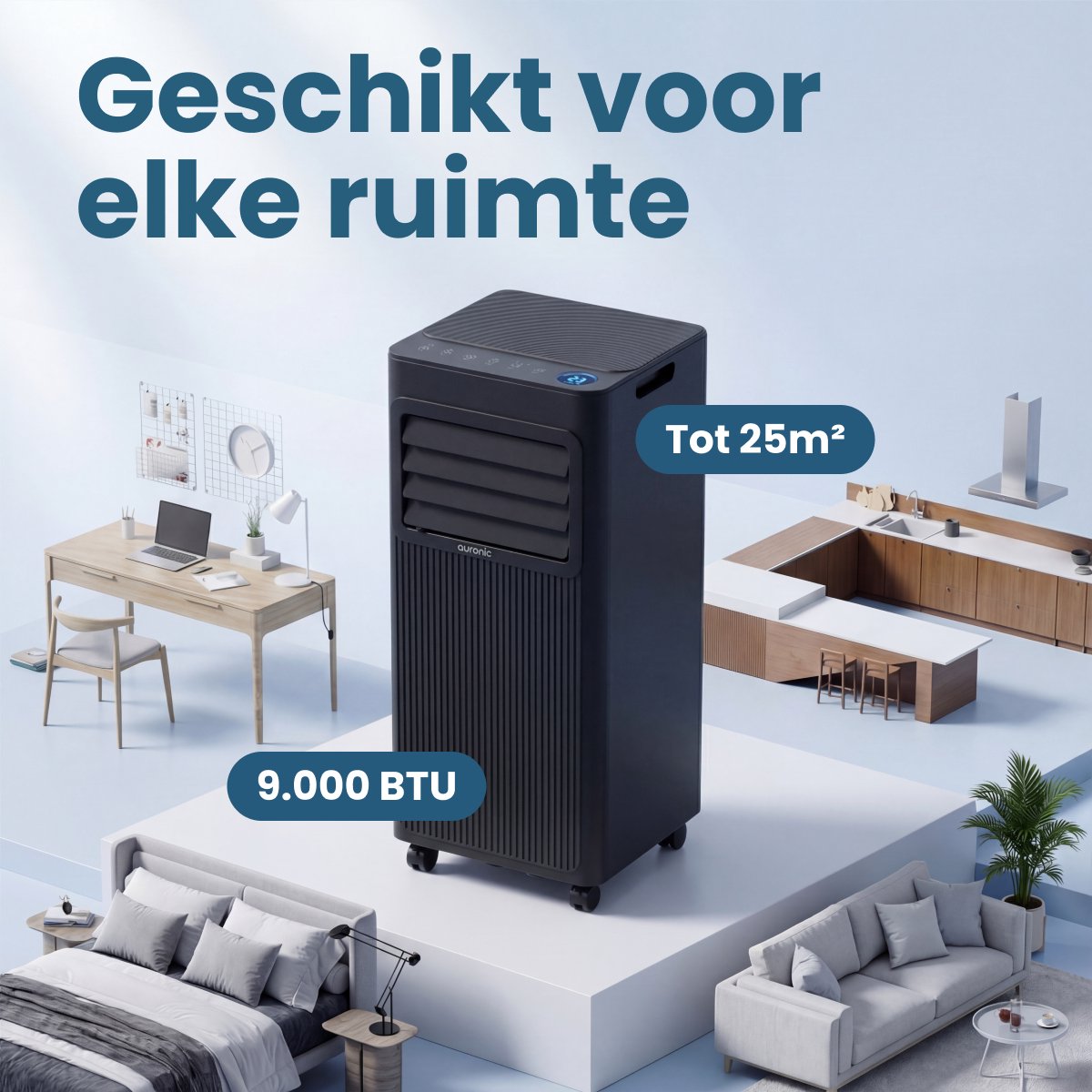 Mobiele Airco 9000 BTU Auronic 3-in-1 Koeler Ventilator Ontvochtiger + 2 Raamafdichtingskits, tot 25m² - Afbeelding 4