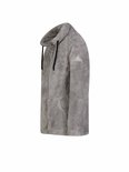 Grijze fleece damesvest met ritssluiting, hoge kraag, zwarte trekkoorden en logo op de mouw.