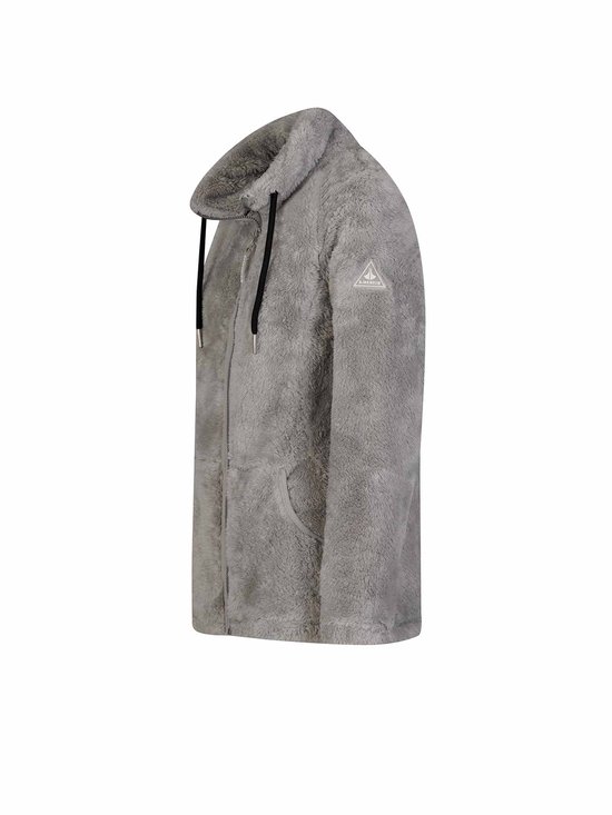 Grijze fleece damesvest met ritssluiting, hoge kraag, zwarte trekkoorden en logo op de mouw.