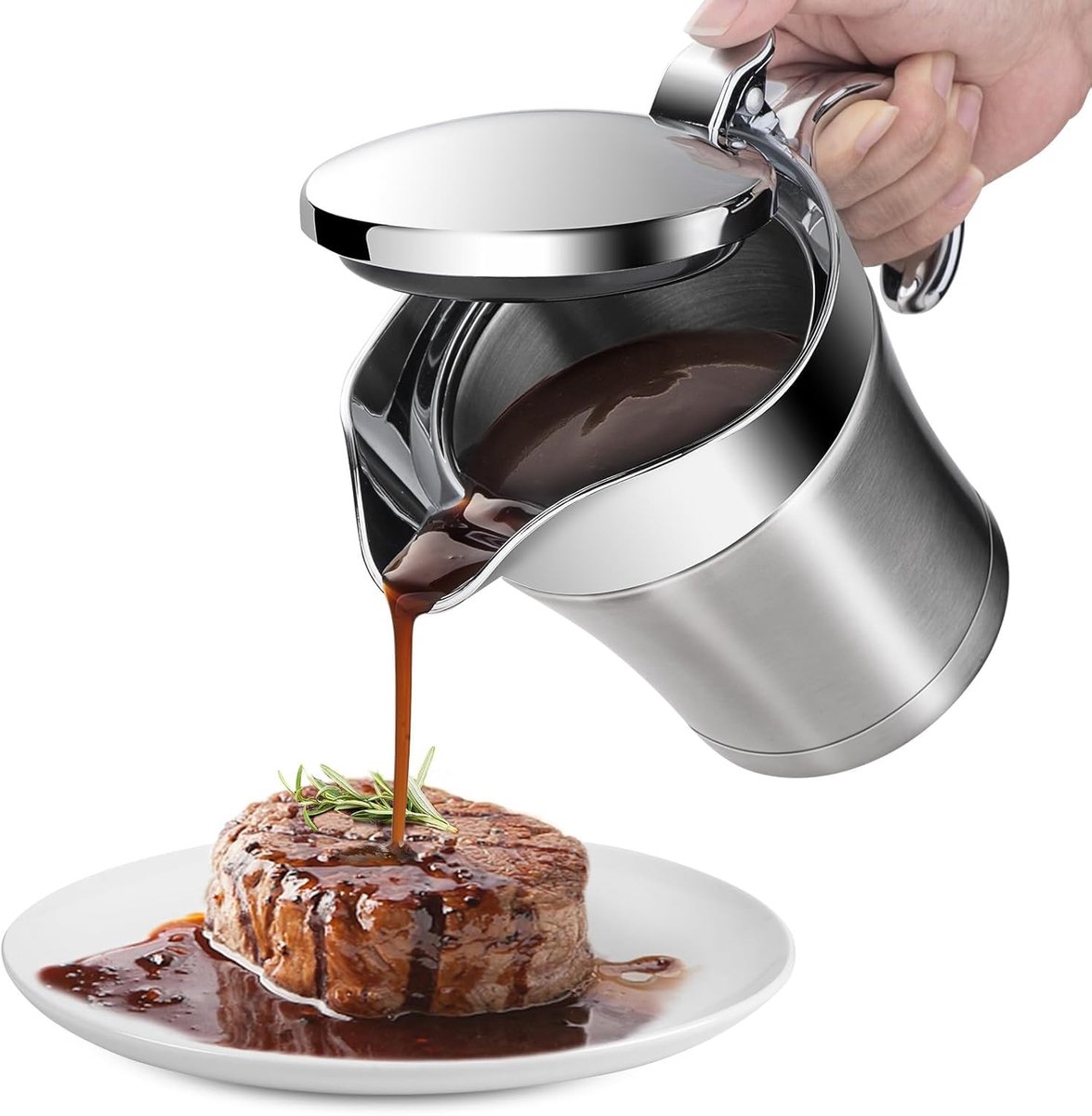 Ynkkvre - Sauciere RVS –Dubbelwandige Geïsoleerde Saucière 450 ml – Roestvrij Staal met Satine Afwerking – Inklapbaar Deksel & Druipvrij Gieten – Voor Sauzen, Melk, Pudding en Room – Vaatwasmachinebestendig