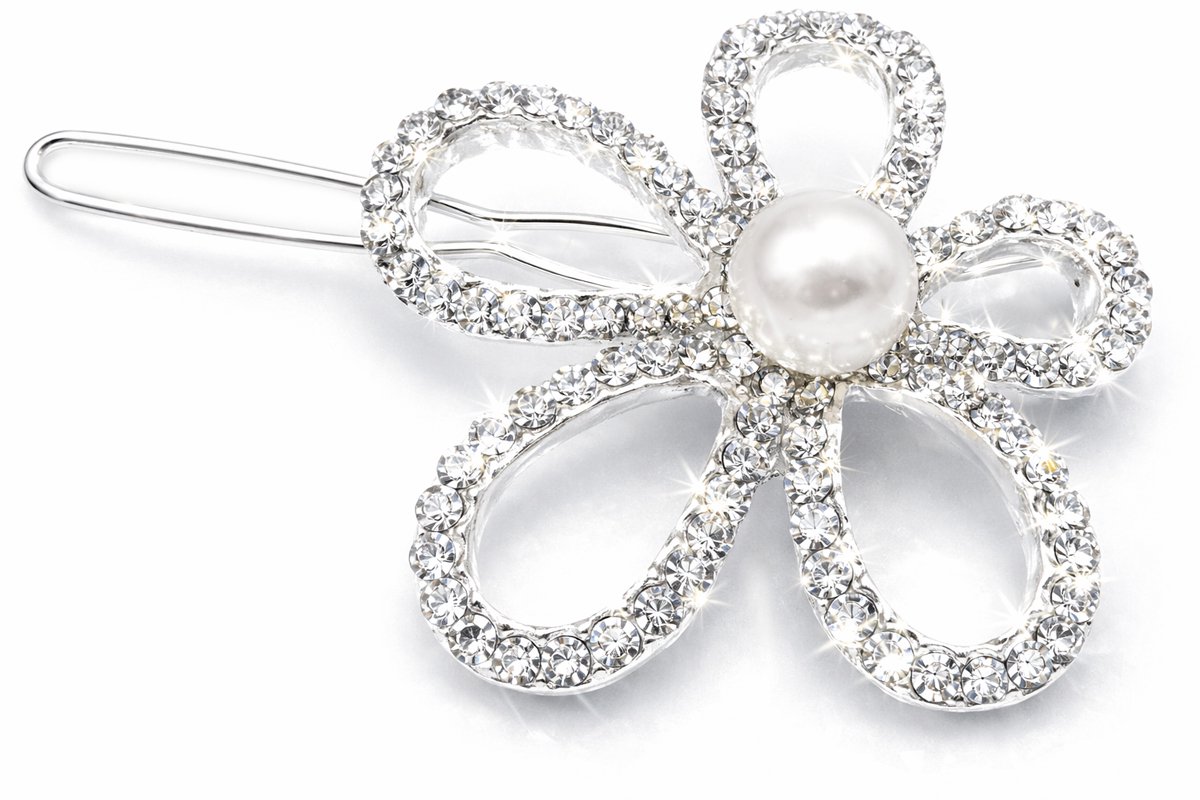 Haarspeld zilverkleurige bloem met strass en parel