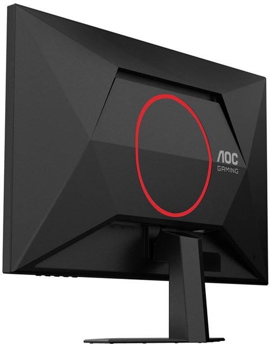 Zwarte monitor achterkant met AOC Gaming logo en rode cirkel.