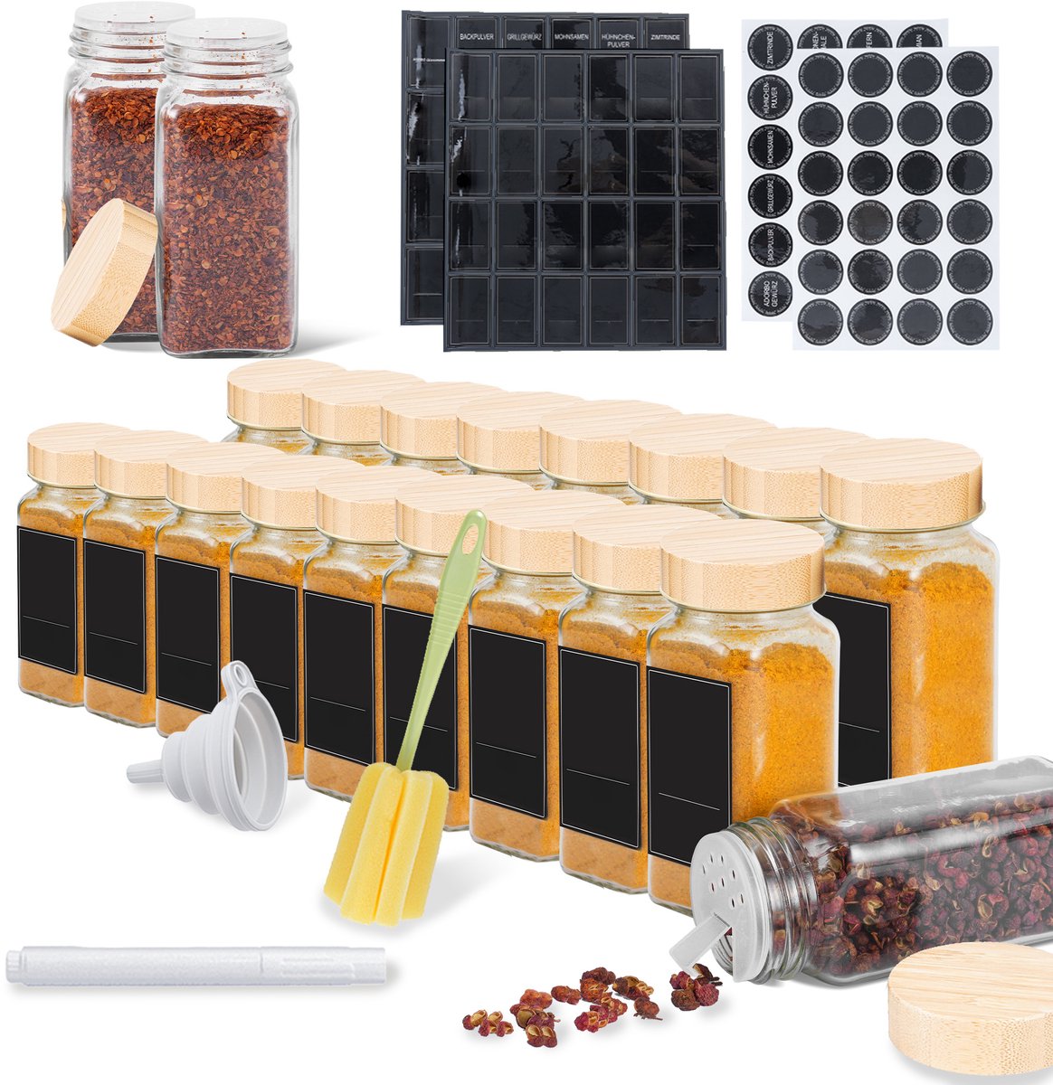 Aufun 24 Stuks Glas Luchtdichte Kruidenpotten - Houten Deksel - Met Labels - Keuken Opbergorganizer