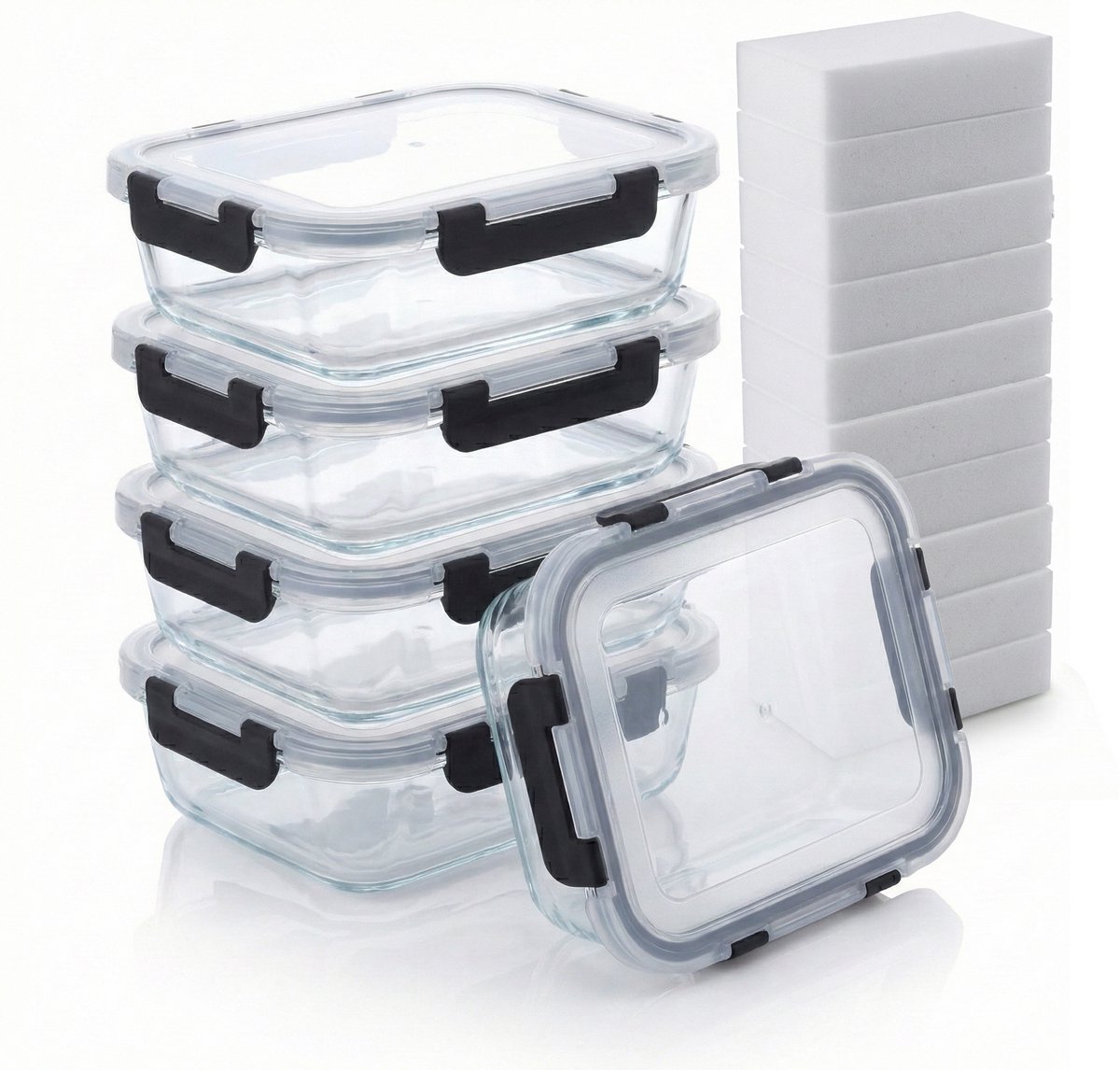 BARDI 5 Delige Glazen Meal Prep Bakjes Inclusief 10 Stuks Wonderspons - Glazen Vershoudbakjes - Glazen Opbergbakken - Diepvriesbakken - Luchtdicht - BPA Vrij - 1060ML - Glas - Zwarte Clips