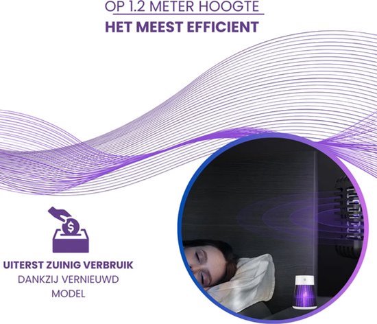 Een lila muggenlamp met witte bovenkant naast een slapende vrouw in bed.