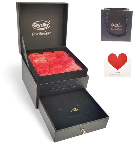 Rozen in Luxe Giftbox mét Liefdes Ring maat S - Valentijn - Moederdag - Knuffelring - Valentijns Cadeau voor vriendin moeder haar – Qwality