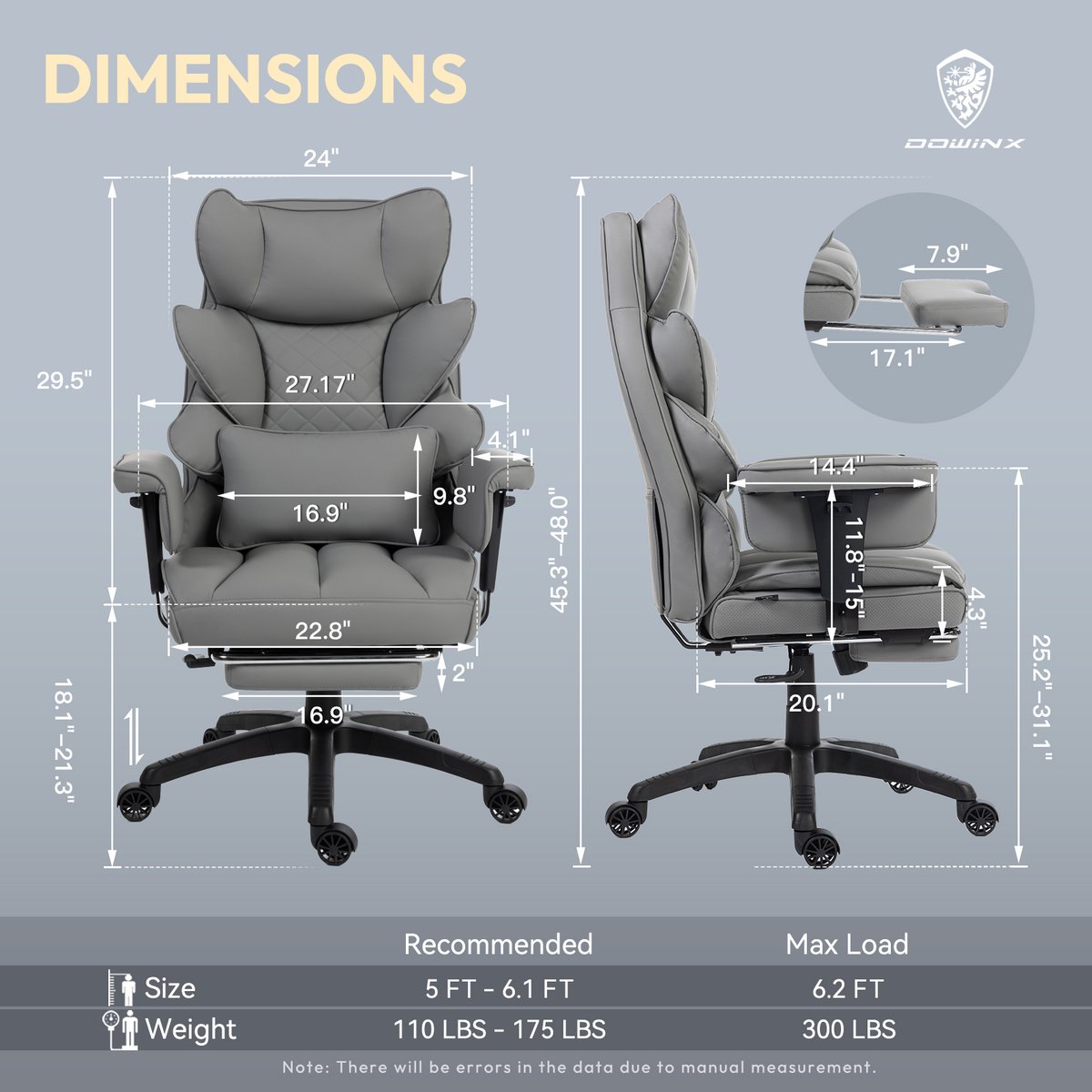 Dowinx Ergonomische Bureaustoel / Gamingstoel – Pocketveren Zitkussen – Dubbel gevoerde Rugleuning & Verstelbaar Lendenkussen – Met Armleuningen en Voetensteun – PU-leer – Grijs – foto 4