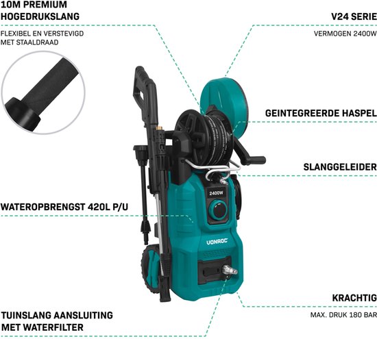 VONROC Hogedrukreiniger V24-2 - 2400W - 180 bar - Incl. terrasreiniger, schuimsproeier en accessoires van VONROC — afbeelding 2