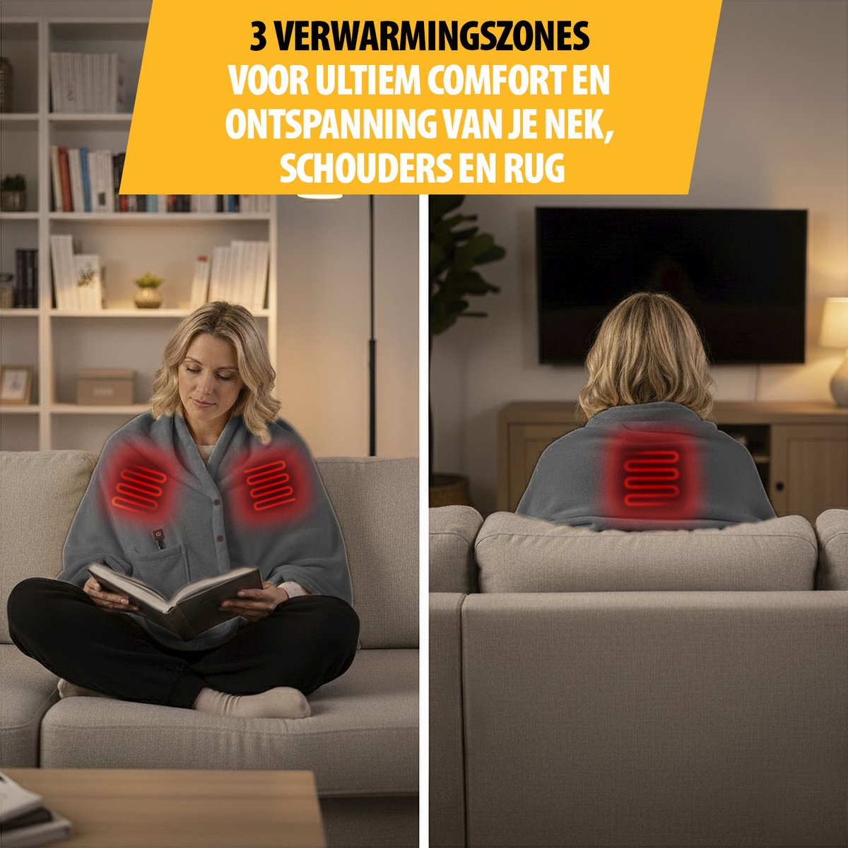 Tristar BW-4788 Draadloze Warmtedeken – 150x80 cm – 3 Temperatuurstanden – 3 Verwarmingszones – Incl. 5000 mAh Powerbank – Tot 90 min. Warmte – Fleece – Wasmachinebestendig – Grijs – foto 7