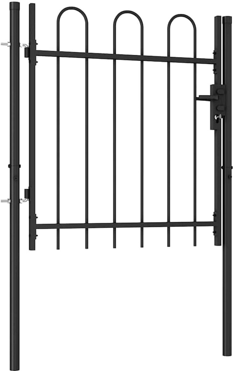 Stalen tuinpoort met gebogen spijlen 1x1m zwart