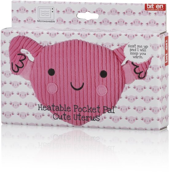 Doos van "Heatable Pocket Pal Cute Uterus". Toont roze baarmoeder knuffel, tekst "Heat me up and I will keep you warm".