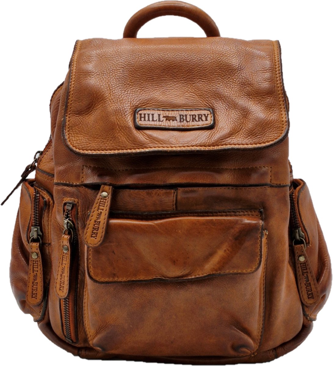 Hillburry Ruzak - Gewassen Leer - Vintage - Bruin / Cognac - Veel Vakjes - Ideaal voor Dagelijks Gebruik - (bxhxd) ca. 25cm x 28cm x 10cm