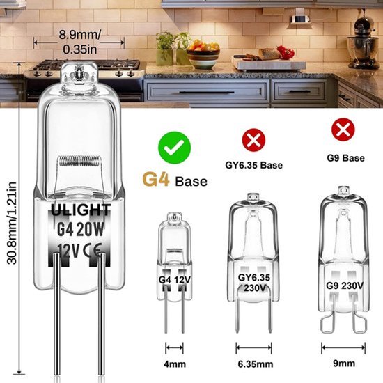 Klaar om te tonen: G4 20W 12V lamp, GY6.35 230V, G9 230V. Afmetingen zichtbaar.