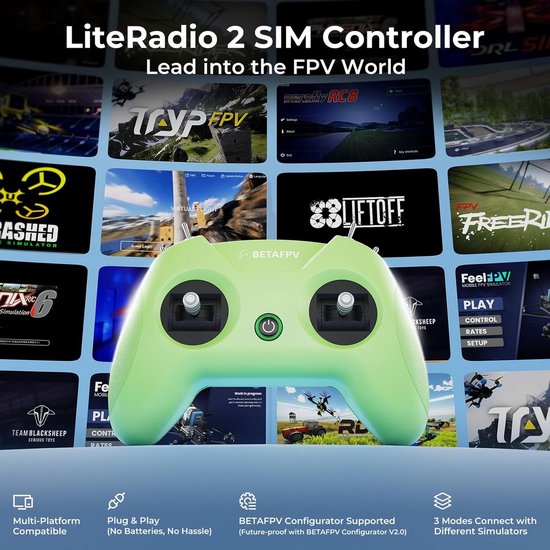 LiteRadio 2 SIM Flight Simulator Controller voor FPV Training - Ondersteunt DRL, VelociDrone, Phoenix RC, TryP, Aerofly RC 8 - Mode 2, Groen — afbeelding 2