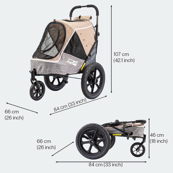 Inklapbare hondenbuggy/fietskar in beige en grijs, met grote luchtbanden en afmetingen.