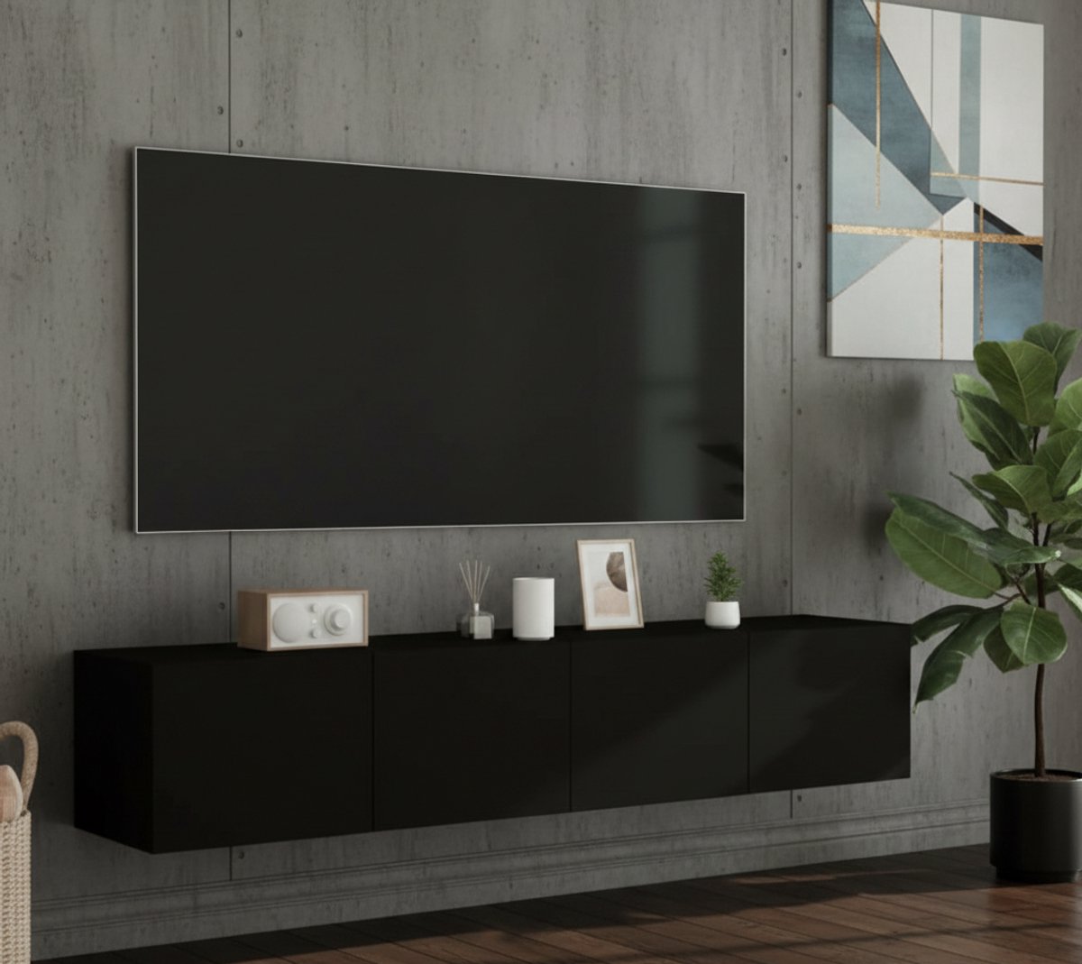 Zwevend TV Meubel met RGB LED Verlichting & Opbergruimte 160 cm – Wandgemonteerde TV Kast Beton Grijs – Modern Floating TV Meubel – House&Garden
