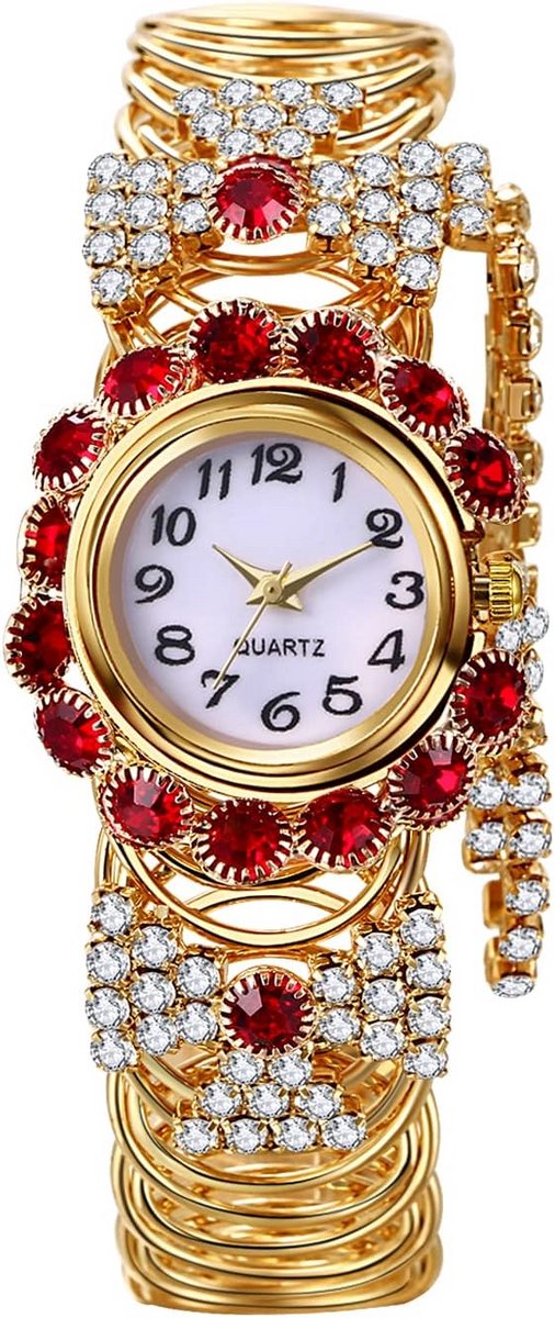 Dames Horloge Goud Kleur Bangle Armband met Kleurrijke Steentjes Analoge Quartz