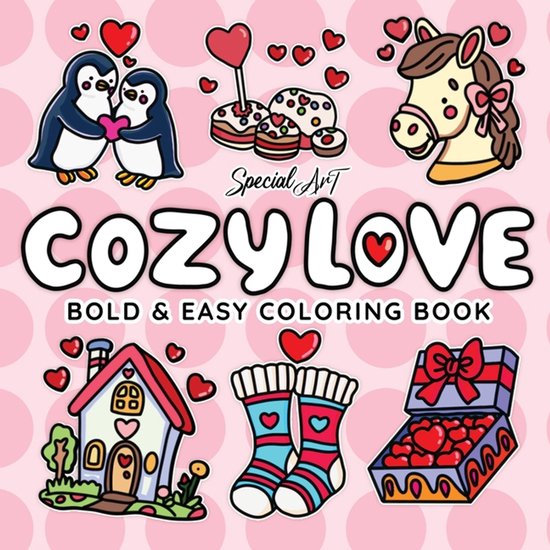Een kleurboek met de titel 'Cozy Love', met afbeeldingen van pinguïns, een paard, een huis, sokken en een doos bonbons.