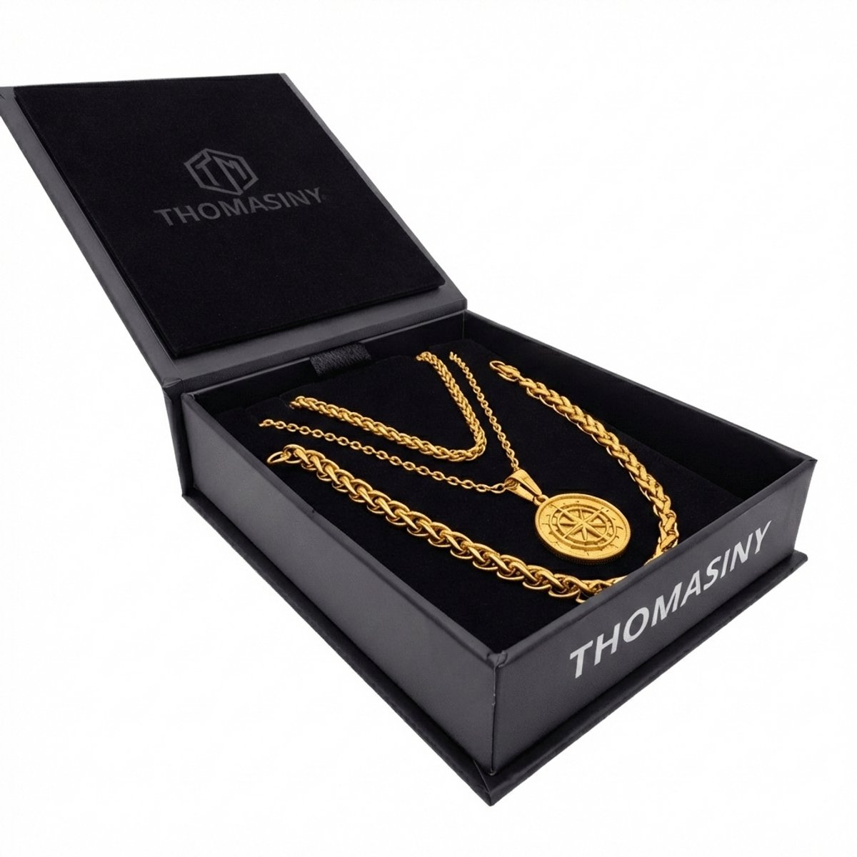 Kompas Cadeauset Goud – 3-delige Heren Sieradenset met Kompas Hanger – 316L RVS